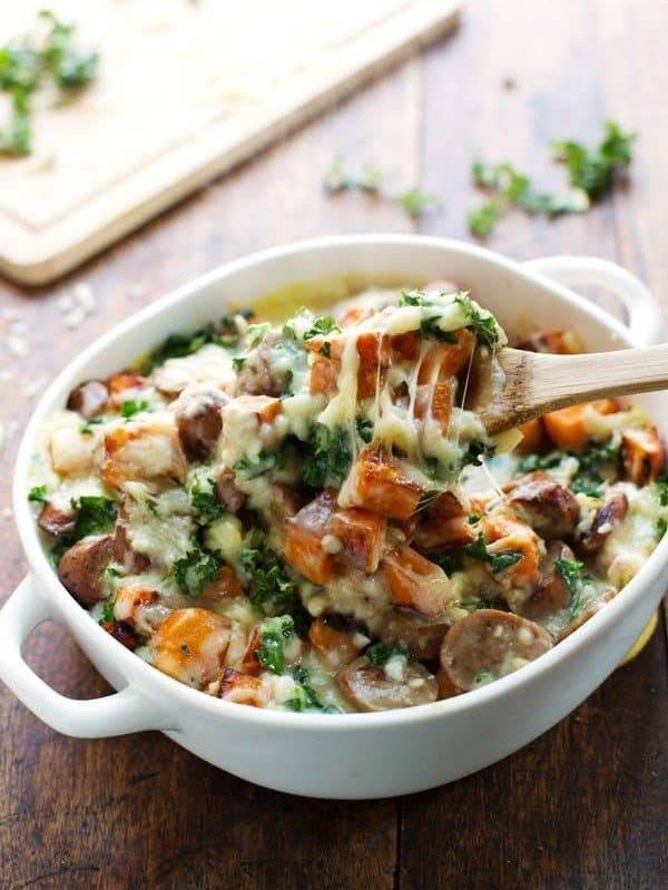 A picture of Sweet Potato, Kale, and Sausage Bake with White Cheese Sauce