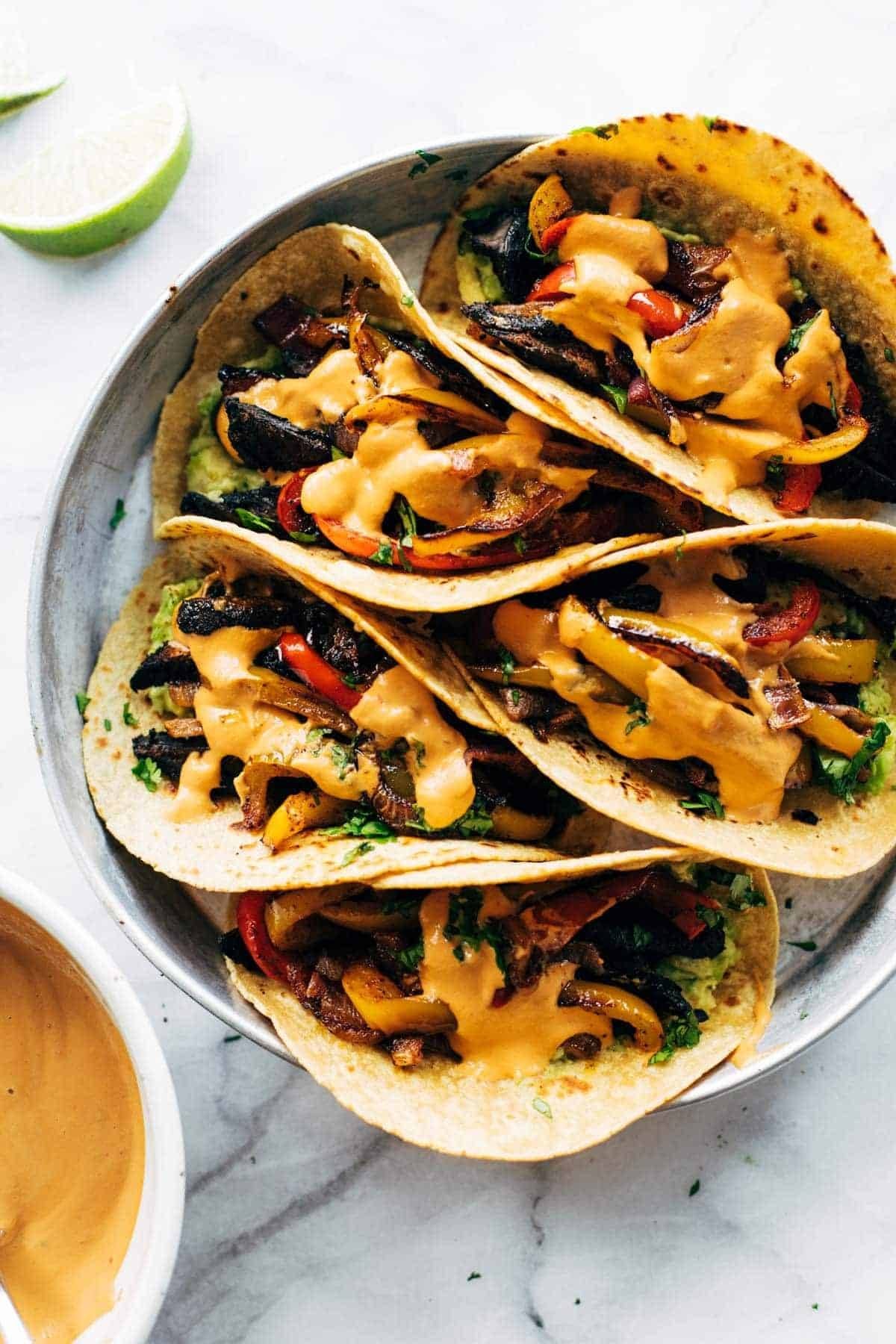 Cashew queso on vegan fajitas.