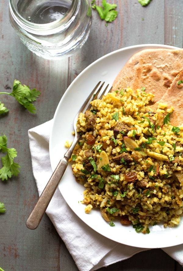 Beef Biryani on a plate with a fork.