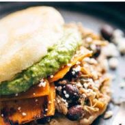Arepas stuffed with carnitas and sweet potatoes pin