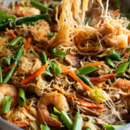 Pancit in a skillet.